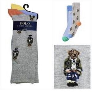 2‎ Pairs GENUINE POLO RALPH LAUREN Bear & Grey SOCKS & Blue Multi Sock Cotton XL